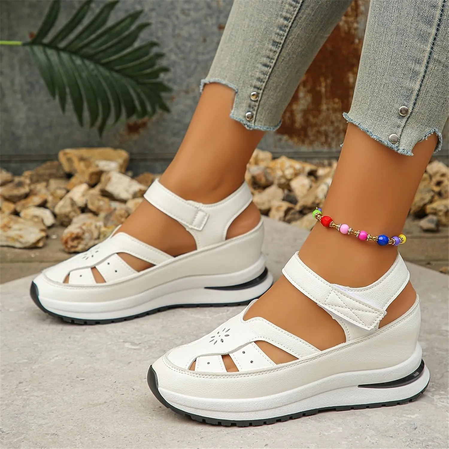 Leather Closed Toe Wedge Sandals for Women Arch Support Roman Platform Sandals Summer Casual Stylish Comfortable Orthotic Orthopedic Walking Sandals
