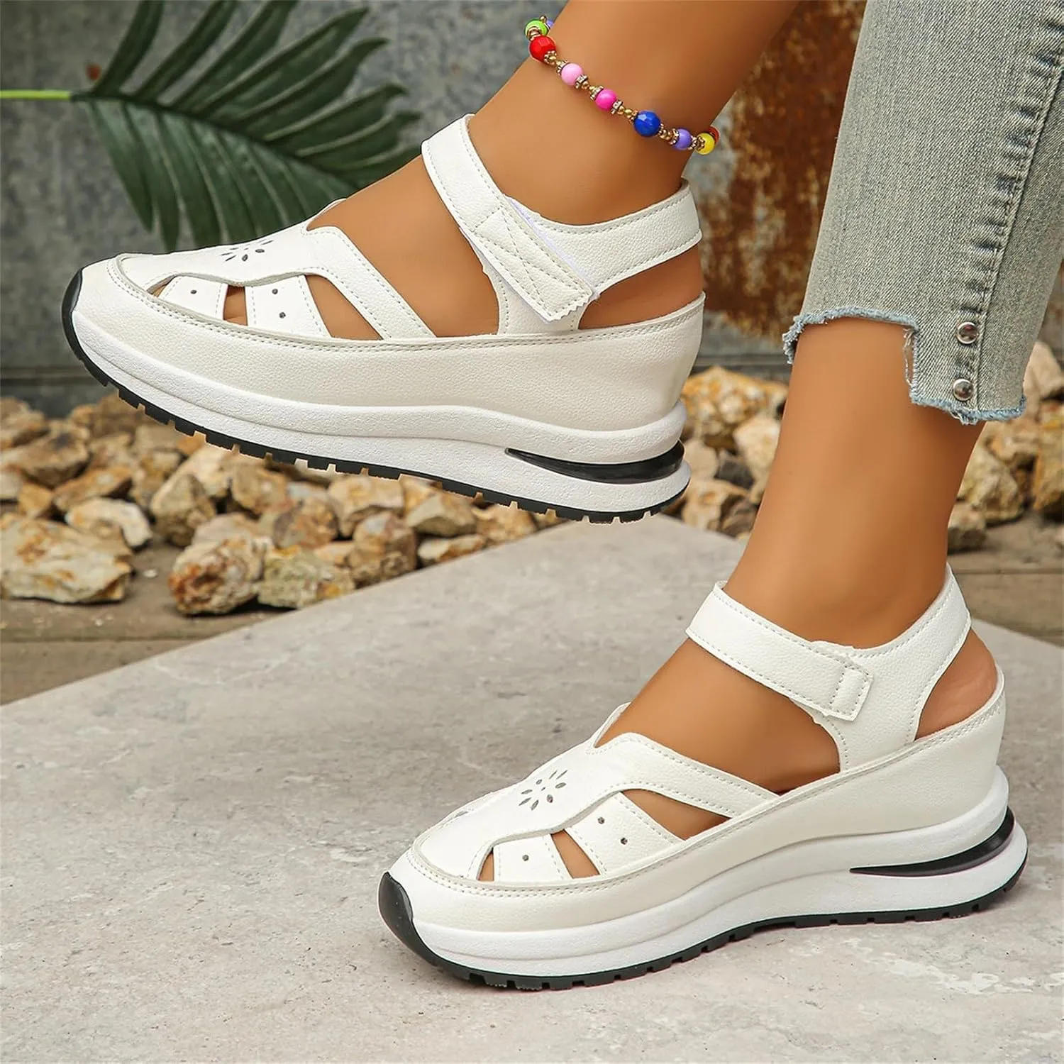 Leather Closed Toe Wedge Sandals for Women Arch Support Roman Platform Sandals Summer Casual Stylish Comfortable Orthotic Orthopedic Walking Sandals