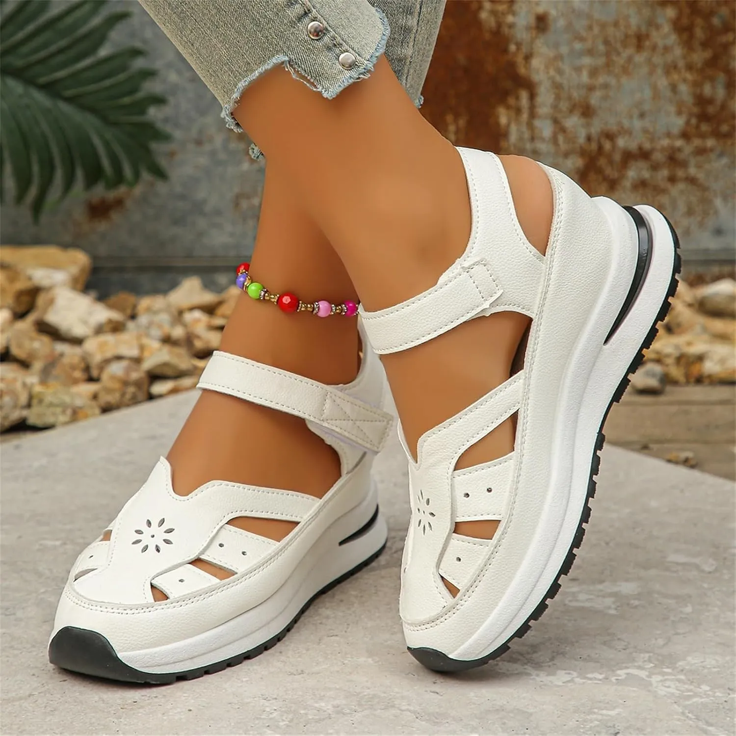 Leather Closed Toe Wedge Sandals for Women Arch Support Roman Platform Sandals Summer Casual Stylish Comfortable Orthotic Orthopedic Walking Sandals