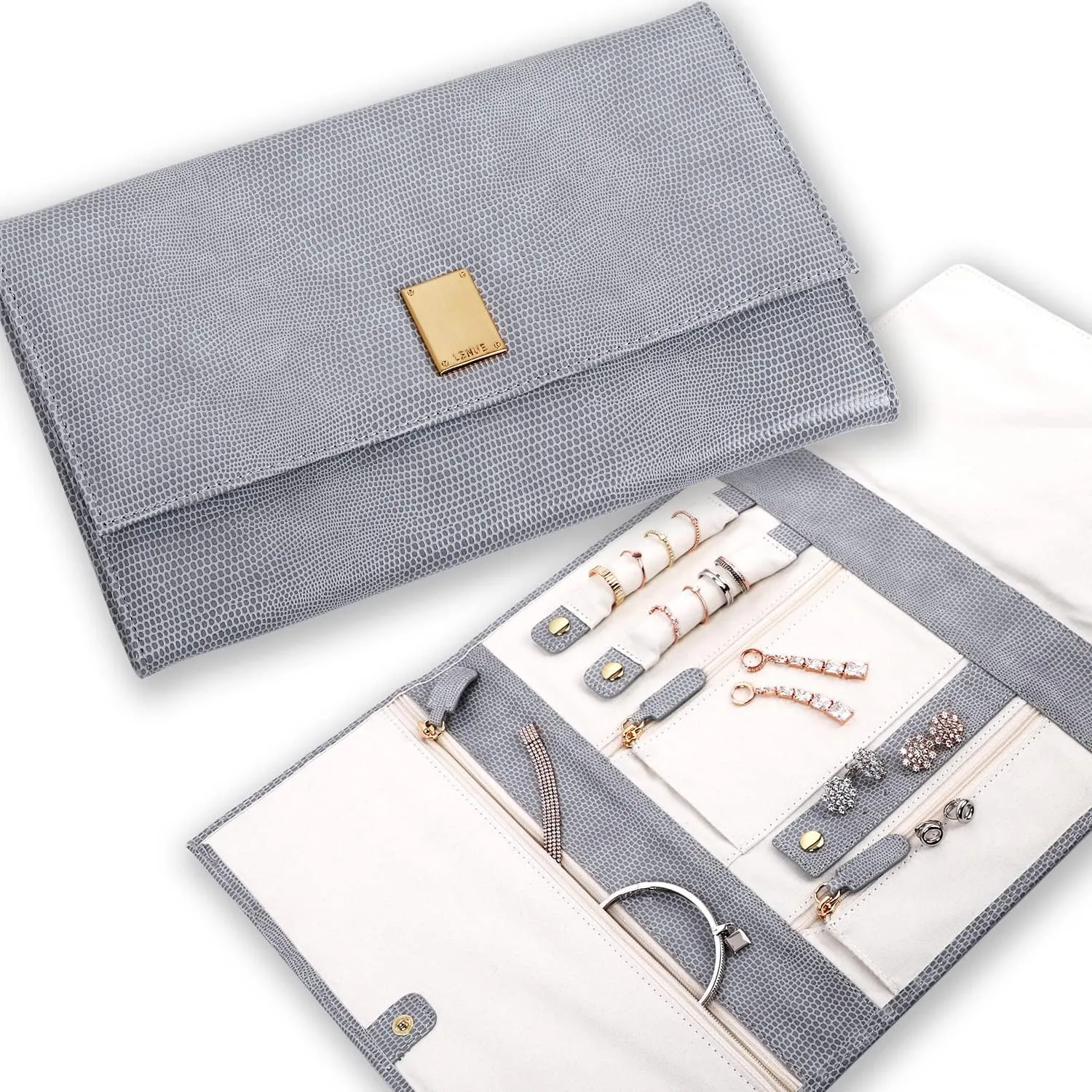 LENUE Travel Jewelry Organizer - Luxury Foldable Jewelry Case Roll Bag for Journey, Large Vegan Leather Clutch Bag - Perfect for Birthday, Bridal Shower & Wedding Gifts