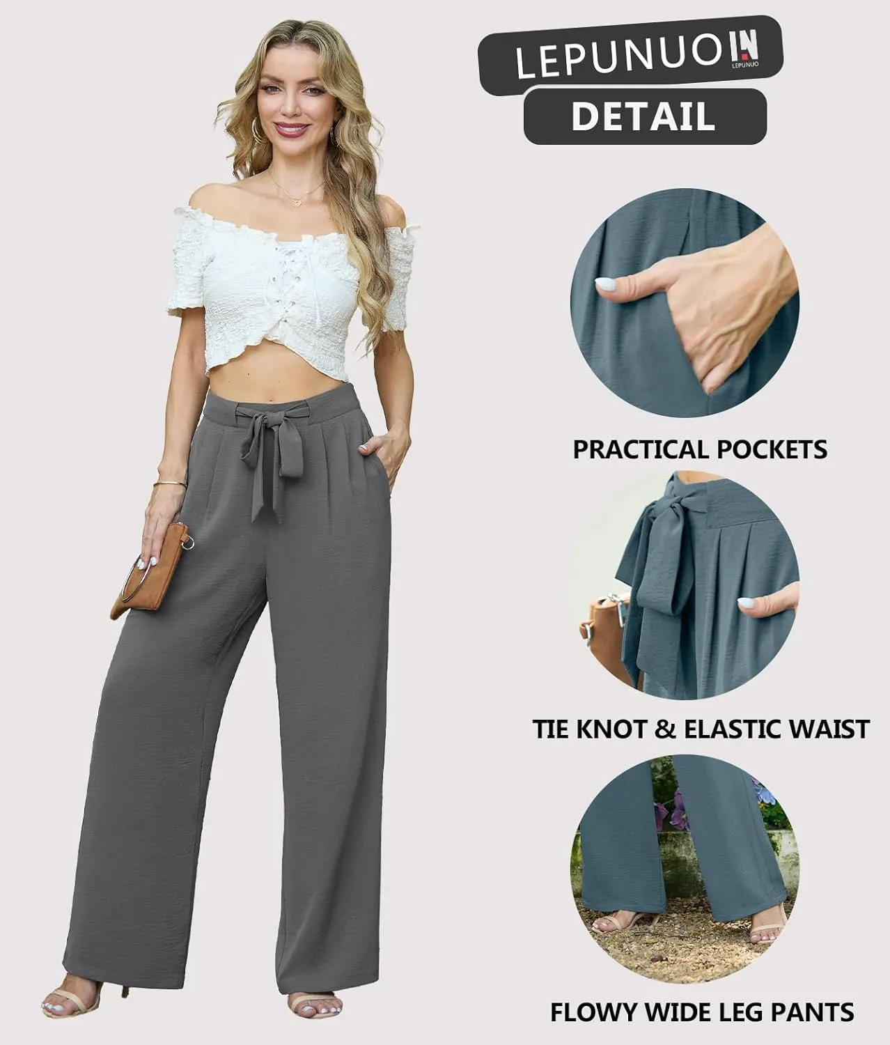 Lepunuo Women's High Waisted Wide Leg Flowy Pants Casual Palazzo Pants Work Adjustable Tie Knot Pants with Pockets