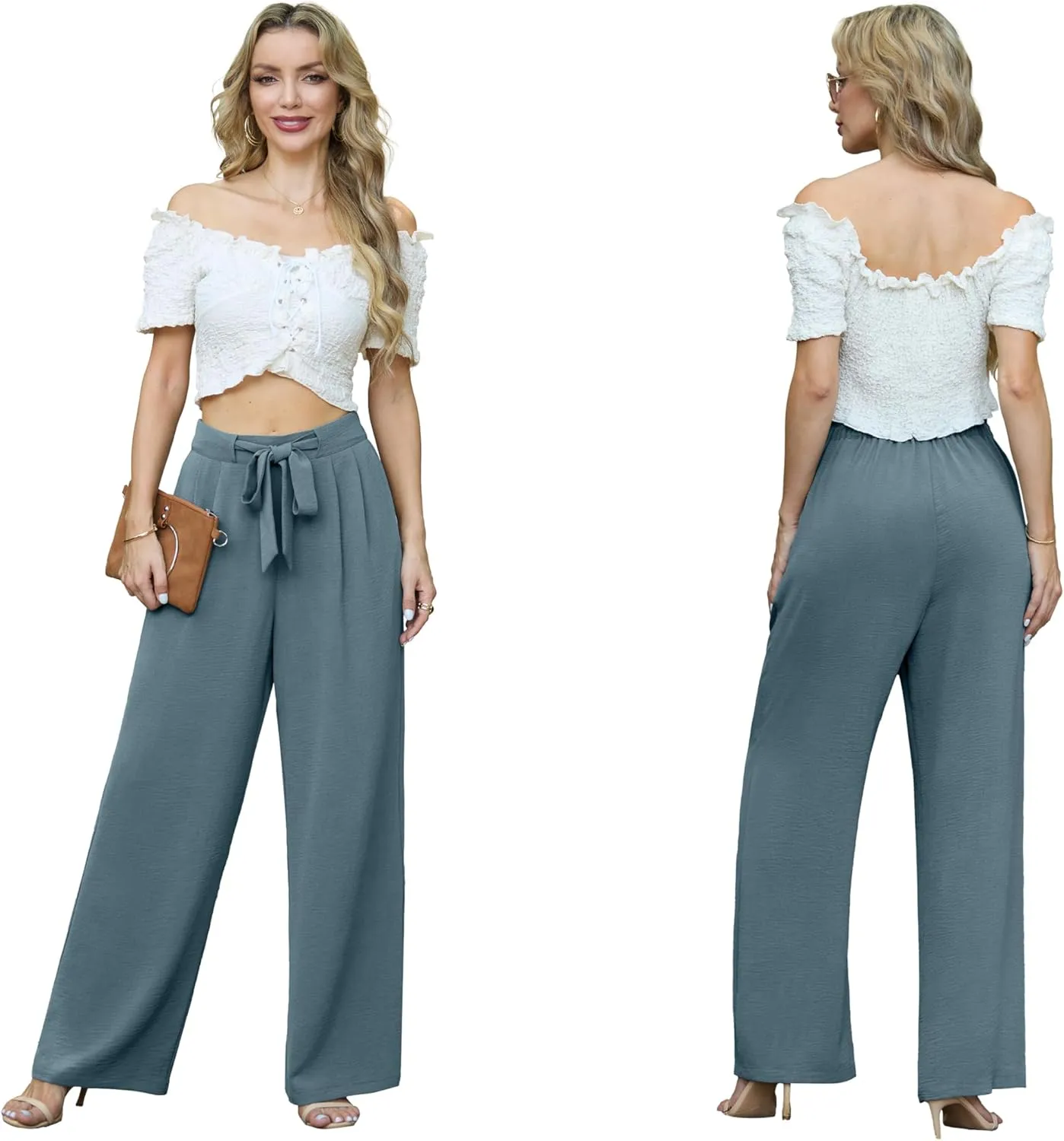 Lepunuo Women's High Waisted Wide Leg Flowy Pants Casual Palazzo Pants Work Adjustable Tie Knot Pants with Pockets