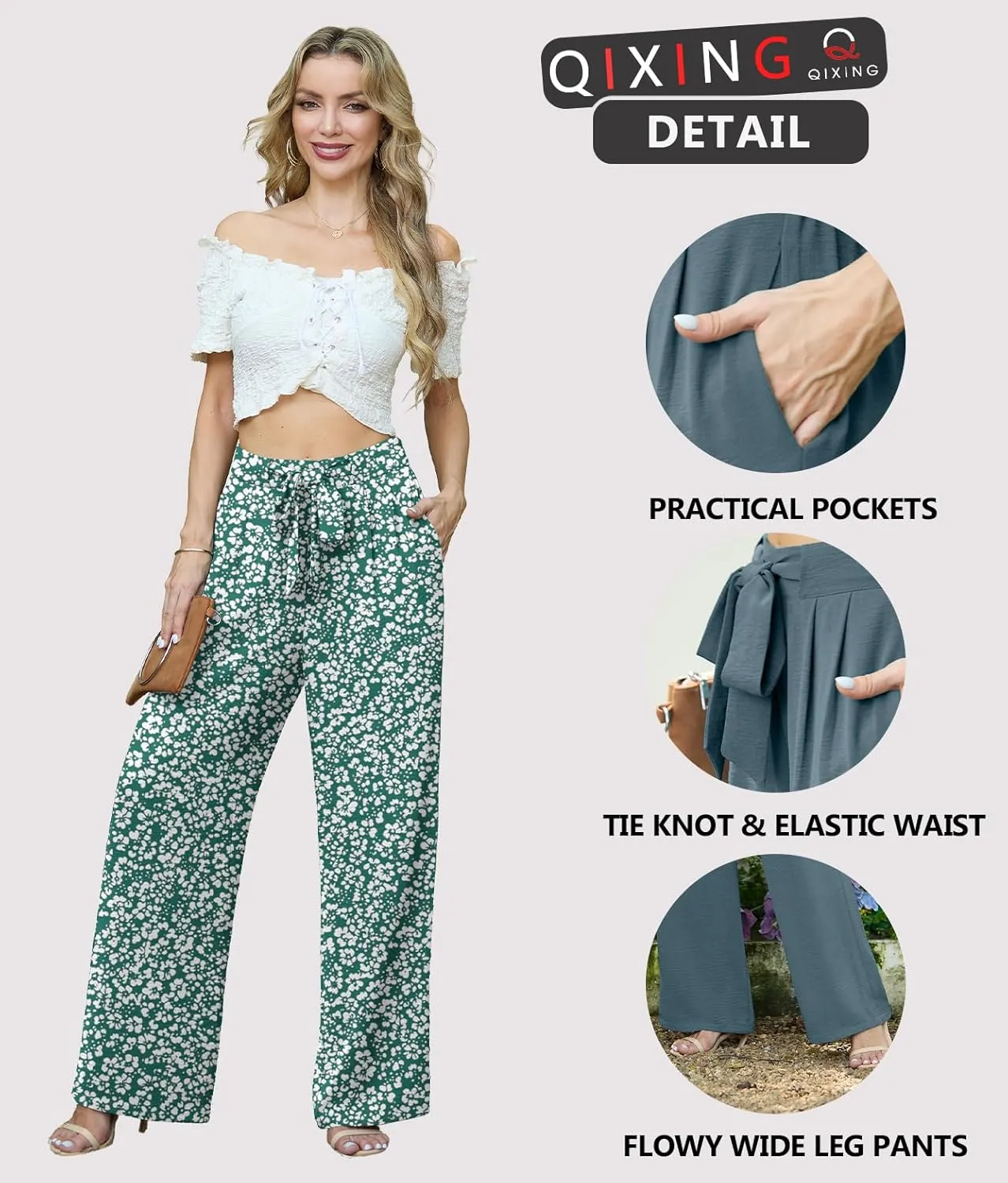 Lepunuo Women's High Waisted Wide Leg Flowy Pants Casual Palazzo Pants Work Adjustable Tie Knot Pants with Pockets