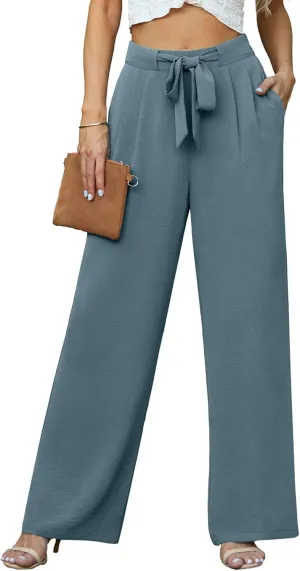 Lepunuo Women's High Waisted Wide Leg Flowy Pants Casual Palazzo Pants Work Adjustable Tie Knot Pants with Pockets