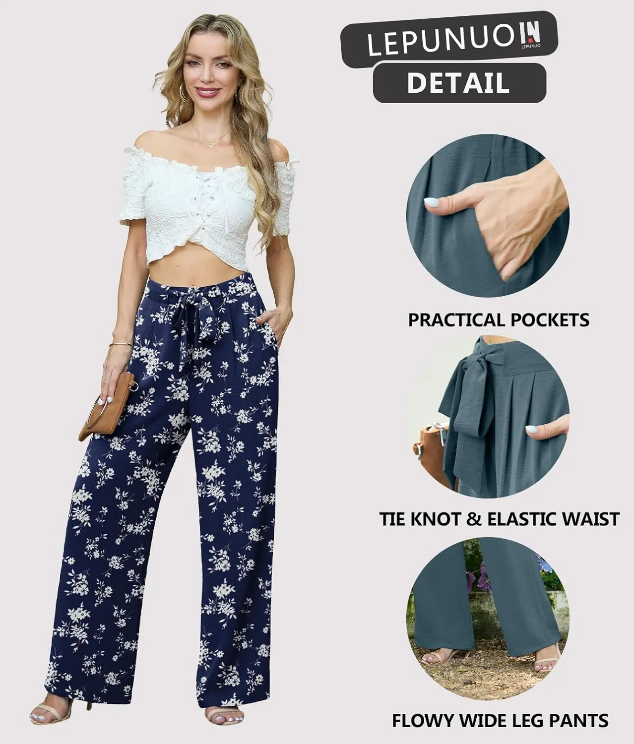 Lepunuo Women's High Waisted Wide Leg Flowy Pants Casual Palazzo Pants Work Adjustable Tie Knot Pants with Pockets