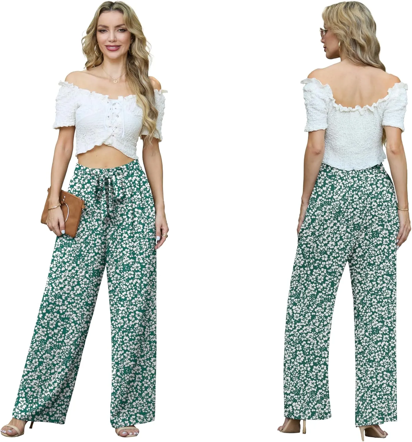Lepunuo Women's High Waisted Wide Leg Flowy Pants Casual Palazzo Pants Work Adjustable Tie Knot Pants with Pockets