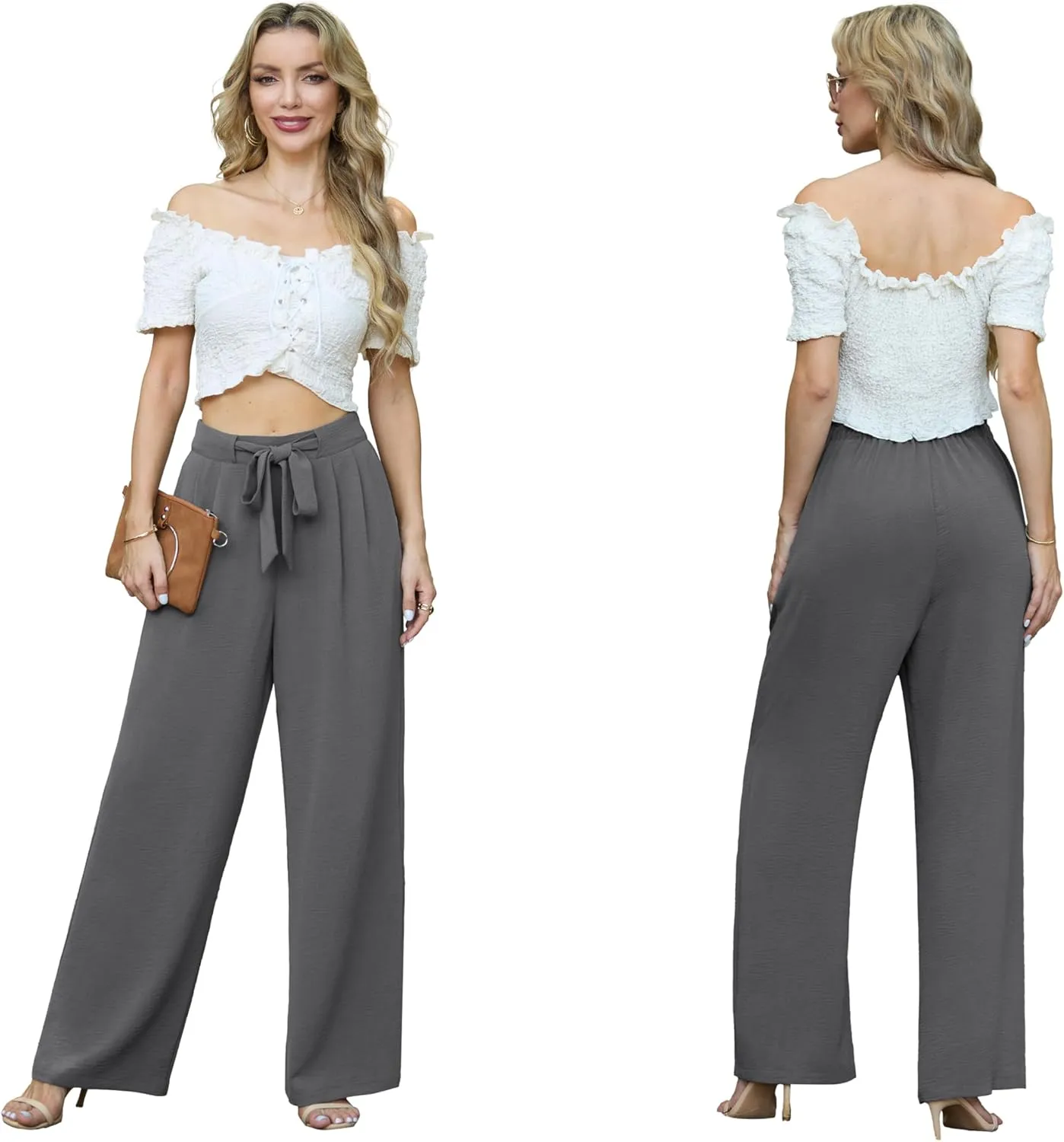 Lepunuo Women's High Waisted Wide Leg Flowy Pants Casual Palazzo Pants Work Adjustable Tie Knot Pants with Pockets