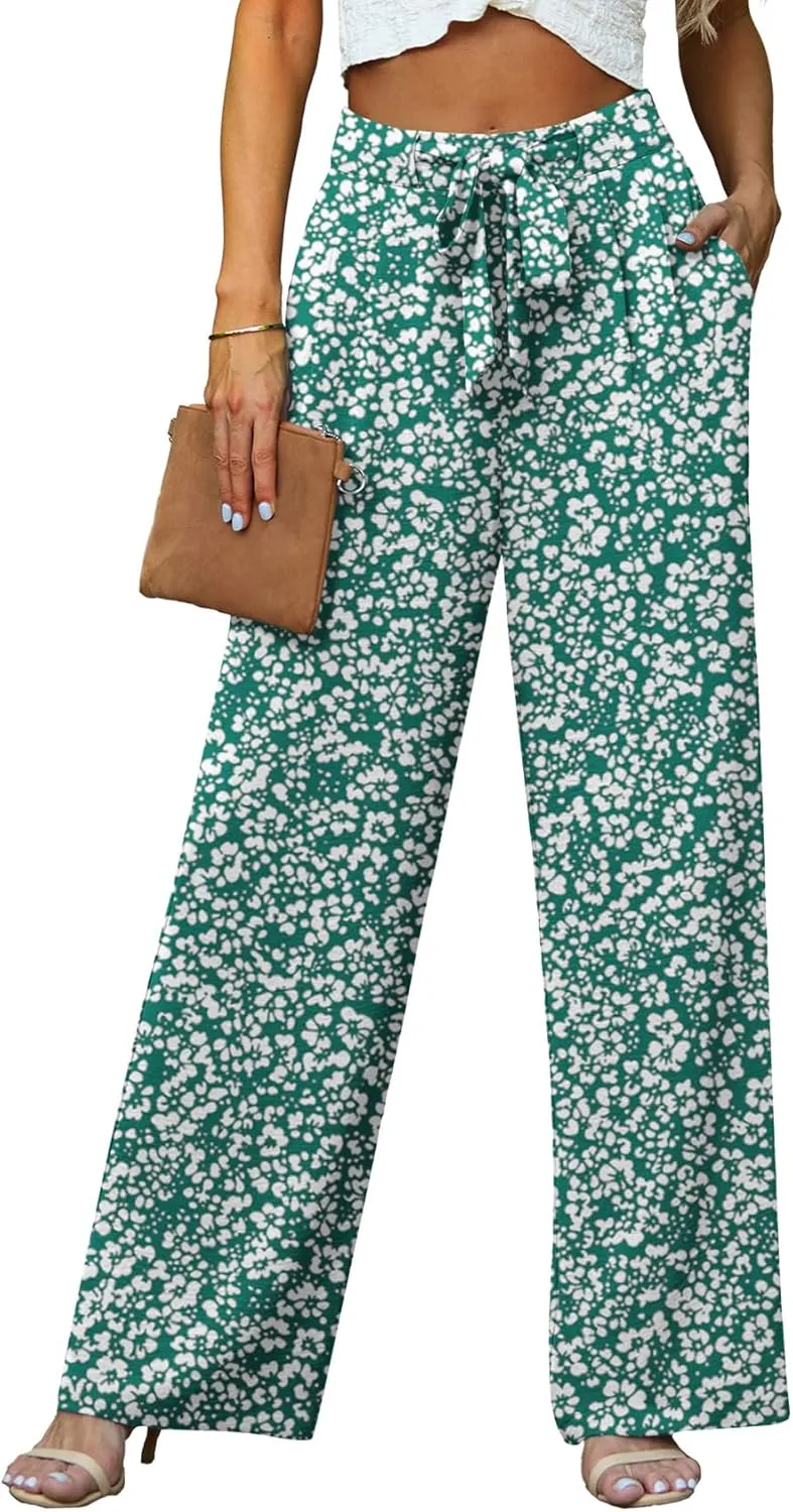 Lepunuo Women's High Waisted Wide Leg Flowy Pants Casual Palazzo Pants Work Adjustable Tie Knot Pants with Pockets