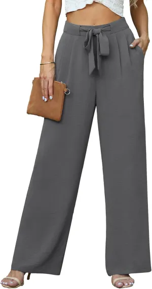 Lepunuo Women's High Waisted Wide Leg Flowy Pants Casual Palazzo Pants Work Adjustable Tie Knot Pants with Pockets