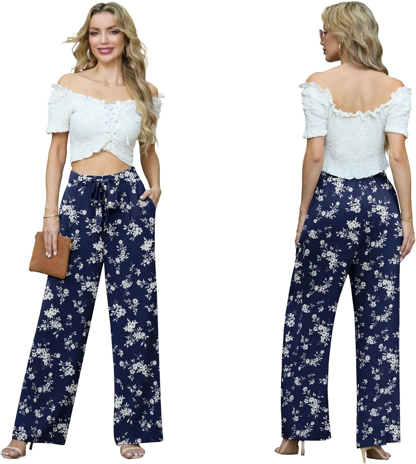Lepunuo Women's High Waisted Wide Leg Flowy Pants Casual Palazzo Pants Work Adjustable Tie Knot Pants with Pockets