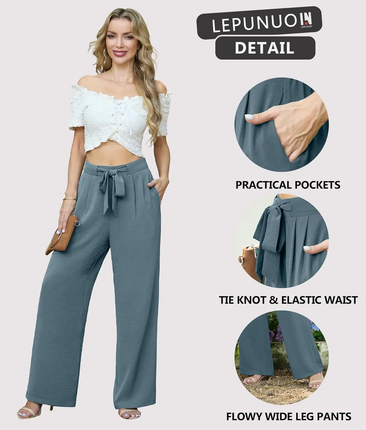 Lepunuo Women's High Waisted Wide Leg Flowy Pants Casual Palazzo Pants Work Adjustable Tie Knot Pants with Pockets