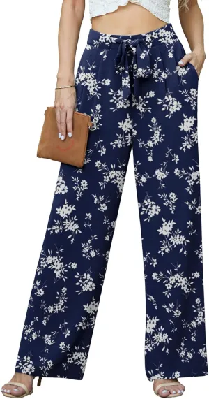 Lepunuo Women's High Waisted Wide Leg Flowy Pants Casual Palazzo Pants Work Adjustable Tie Knot Pants with Pockets