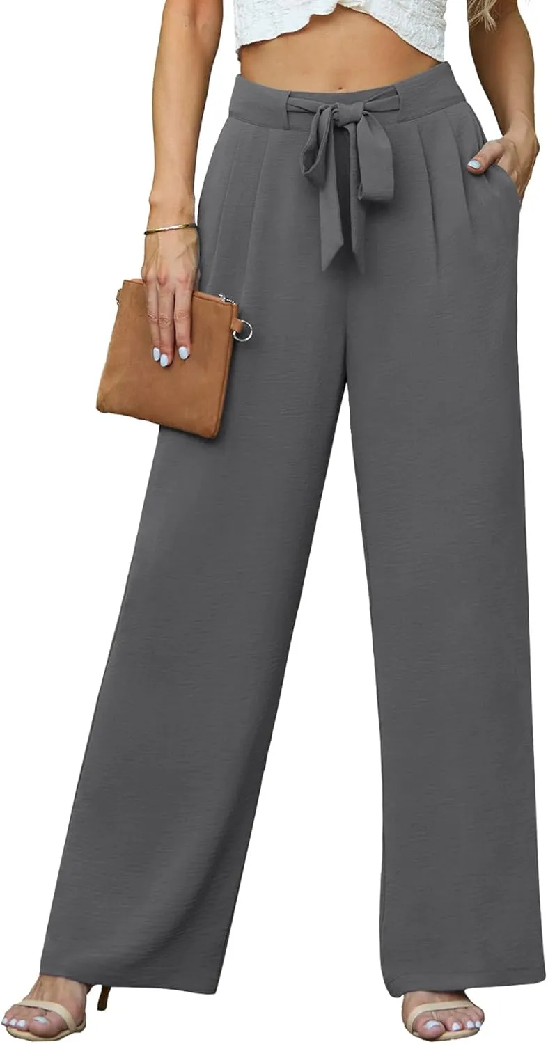 Lepunuo Women's High Waisted Wide Leg Flowy Pants Casual Palazzo Pants Work Adjustable Tie Knot Pants with Pockets