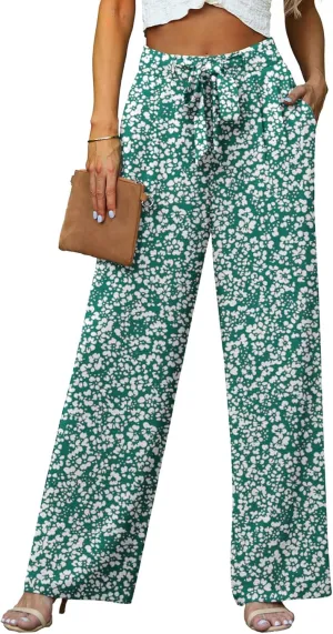 Lepunuo Women's High Waisted Wide Leg Flowy Pants Casual Palazzo Pants Work Adjustable Tie Knot Pants with Pockets