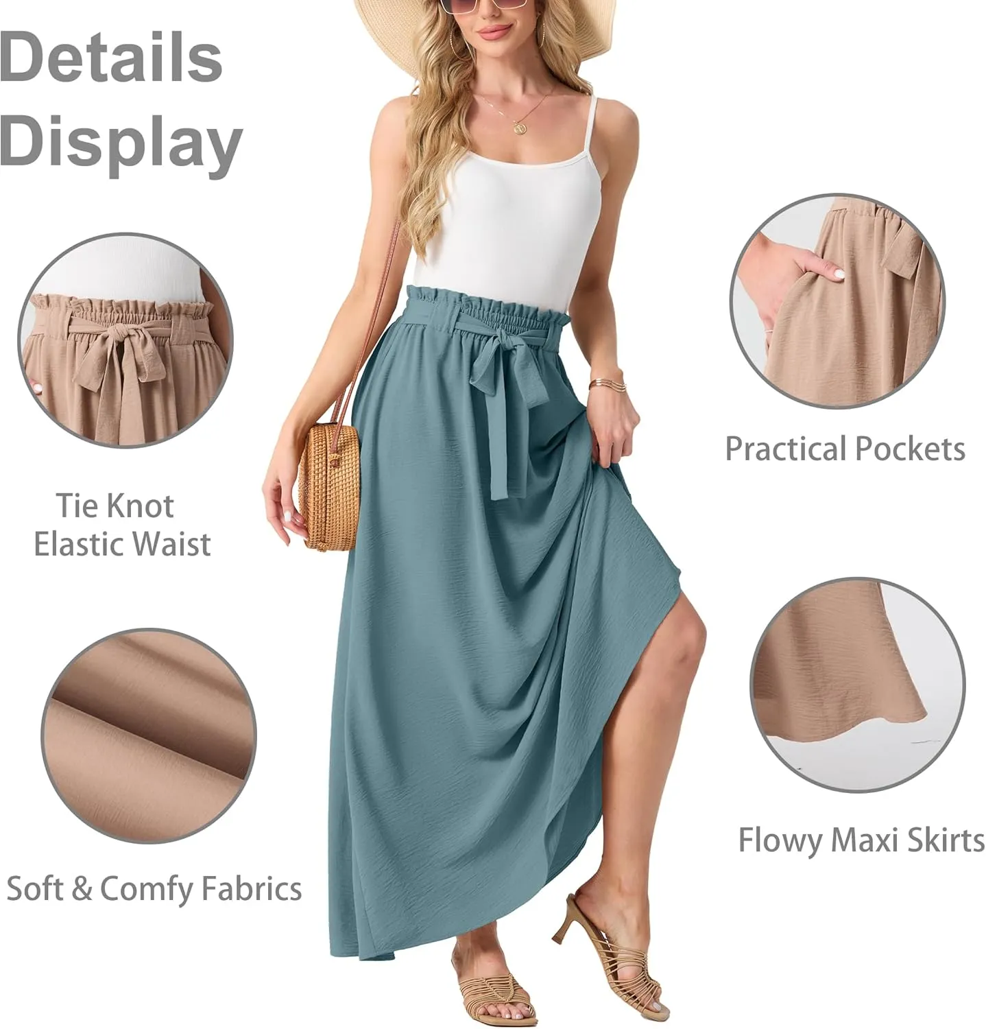 Lepunuo Womens Maxi Skirts Casual Boho Elastic High Waisted Flowy Long Skirts Trendy Floral Cute Skirts with Pockets