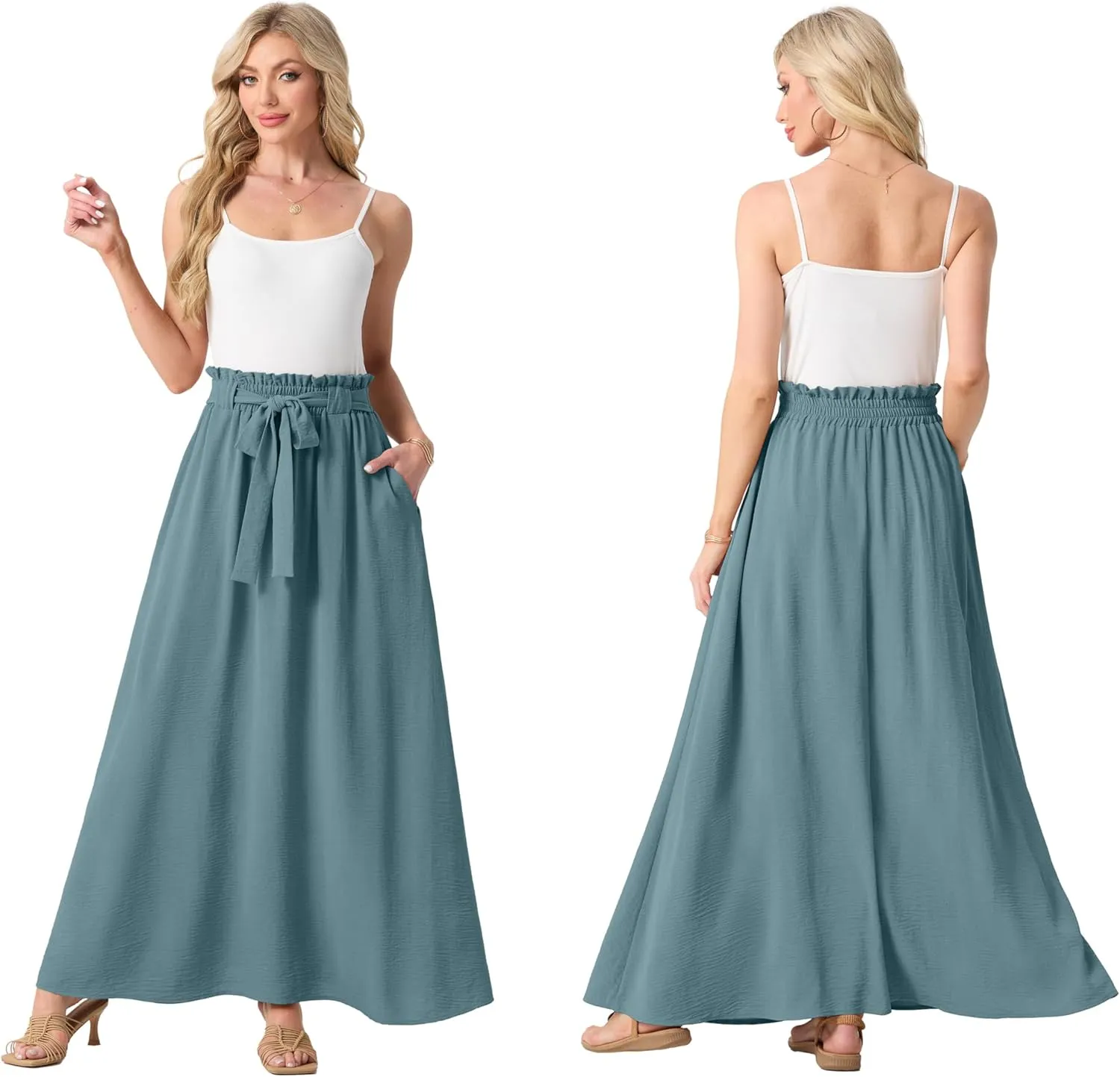 Lepunuo Womens Maxi Skirts Casual Boho Elastic High Waisted Flowy Long Skirts Trendy Floral Cute Skirts with Pockets