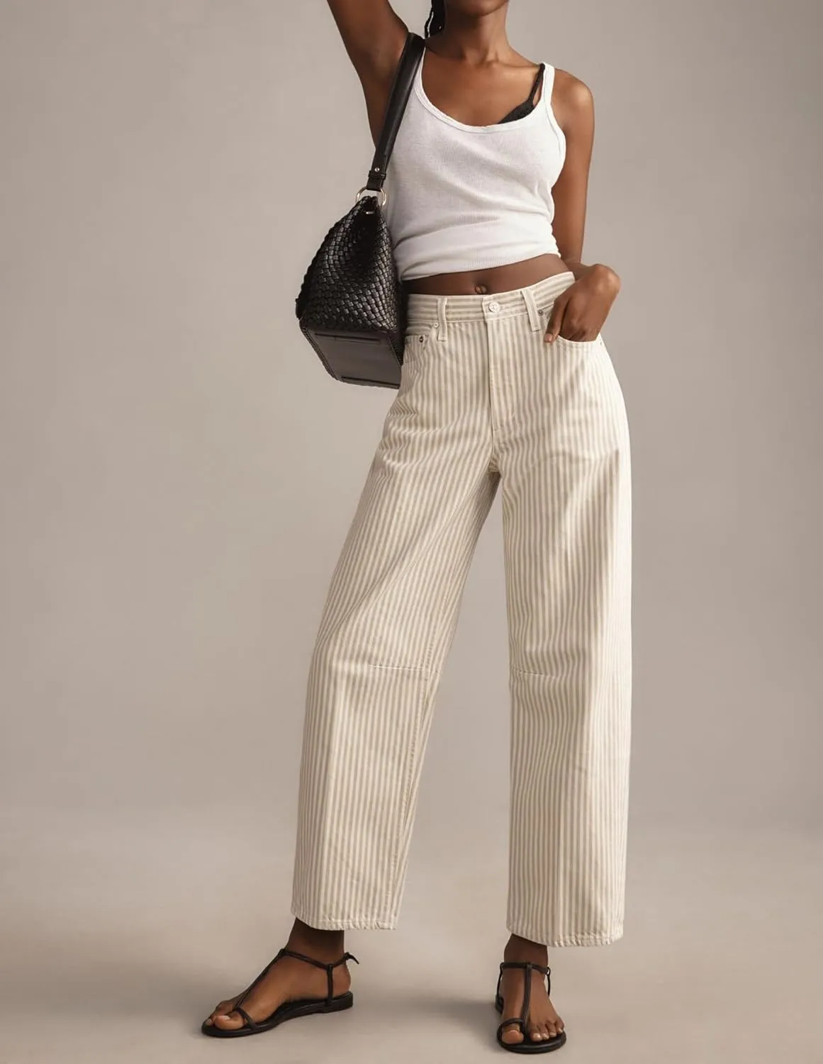 LifeShe Women's Striped Jeans Straight Leg Denim Pants Baggy Barrel Jeans