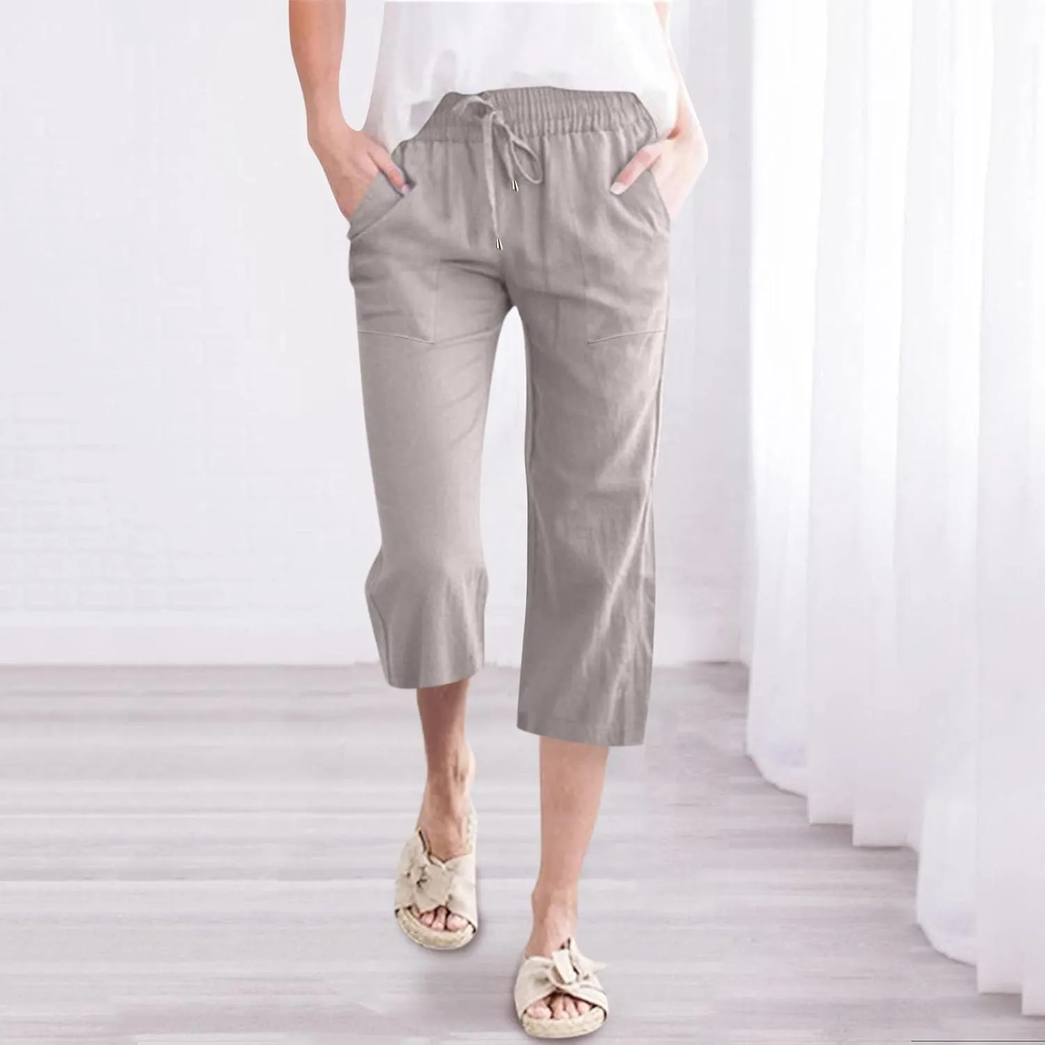 Linen Capris Pants For Women Casual 2024 Summer Drawstring Elastic High Waisted Straight Wide Leg Cropped Trousers
