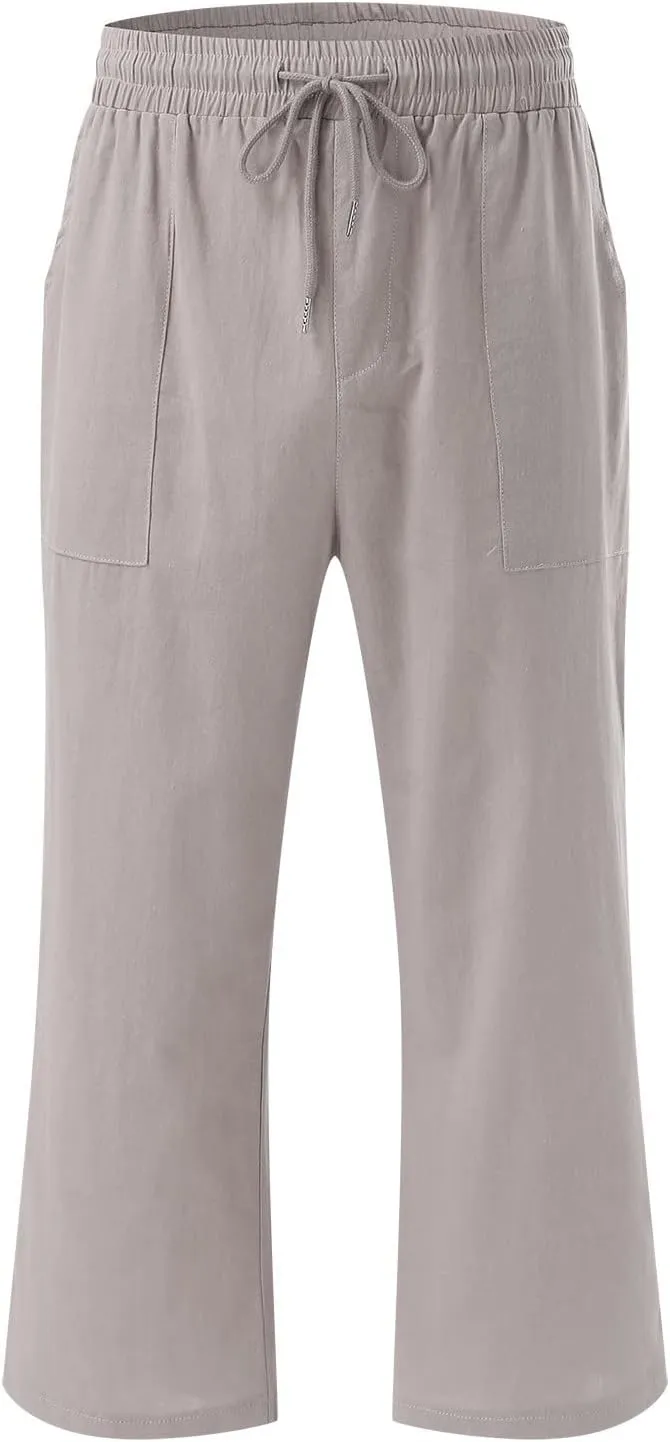 Linen Capris Pants For Women Casual 2024 Summer Drawstring Elastic High Waisted Straight Wide Leg Cropped Trousers