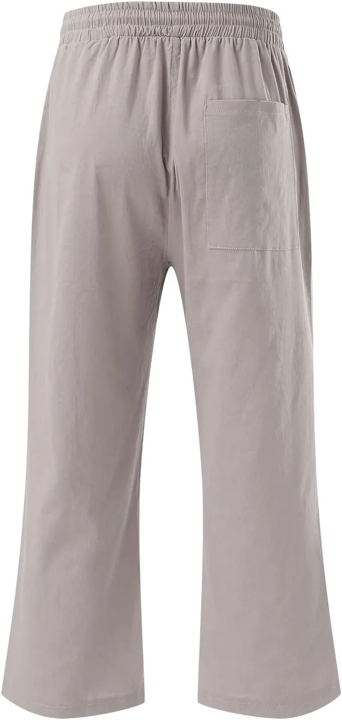 Linen Capris Pants For Women Casual 2024 Summer Drawstring Elastic High Waisted Straight Wide Leg Cropped Trousers