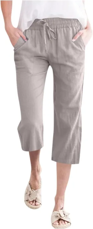 Linen Capris Pants For Women Casual 2024 Summer Drawstring Elastic High Waisted Straight Wide Leg Cropped Trousers