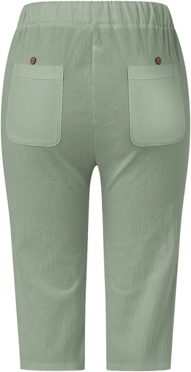 Linen Shorts for Women Knee Length Drawstring Elastic Waist Side Cutout Bermuda Shorts Pockets Summer Casual Shorts