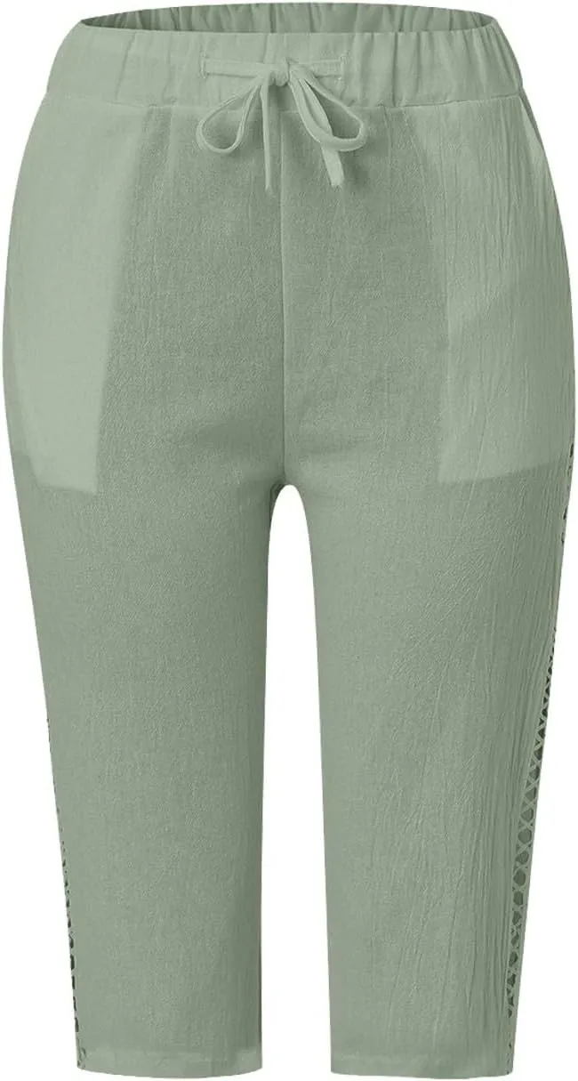 Linen Shorts for Women Knee Length Drawstring Elastic Waist Side Cutout Bermuda Shorts Pockets Summer Casual Shorts
