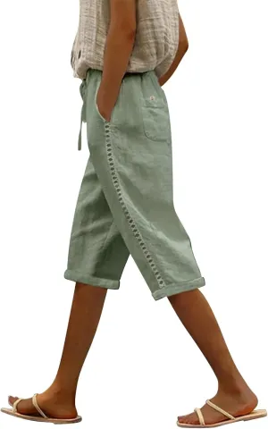 Linen Shorts for Women Knee Length Drawstring Elastic Waist Side Cutout Bermuda Shorts Pockets Summer Casual Shorts