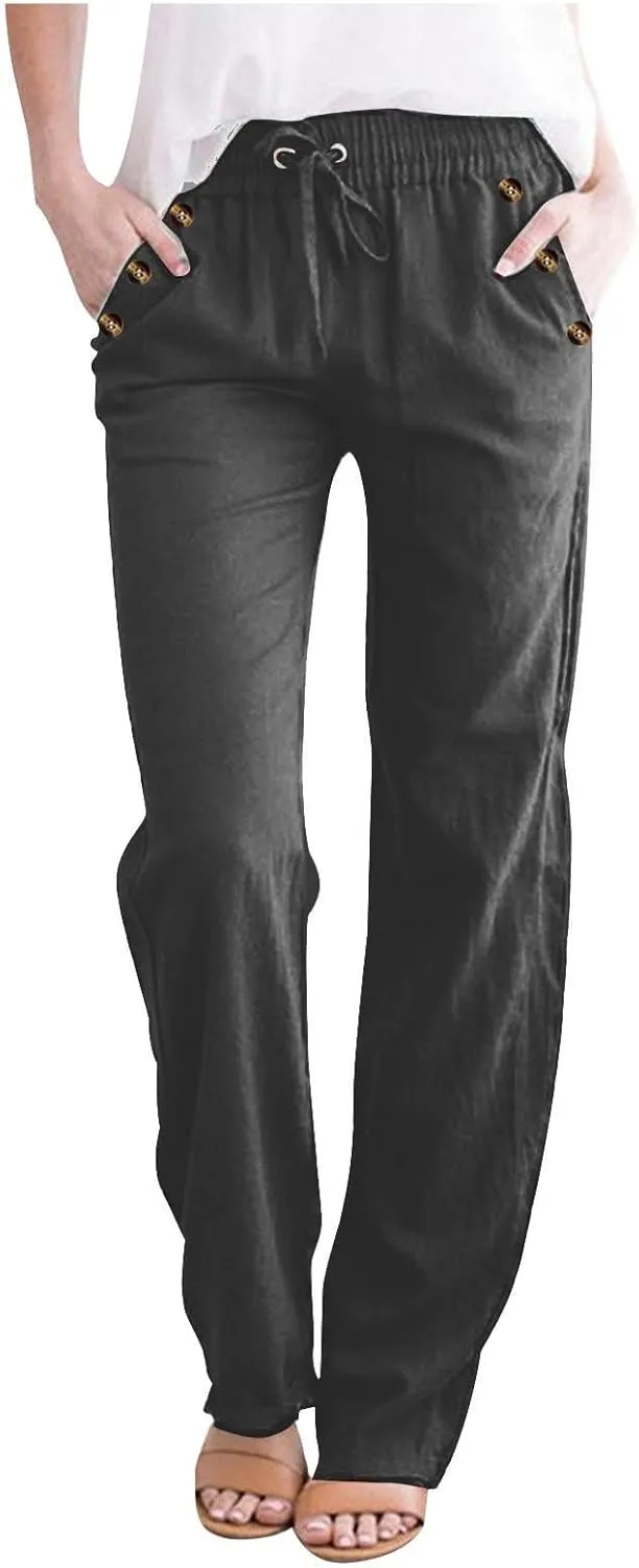 Lmdudan 2 Pc Linen Pants Women Cotton Linen Straight Leg Lightweight Pants 2025 Summer Beach Pants Women's Loose Fit Trousers
