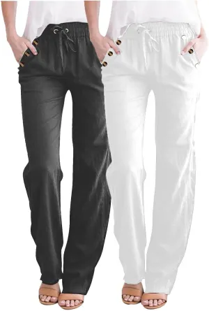 Lmdudan 2 Pc Linen Pants Women Cotton Linen Straight Leg Lightweight Pants 2025 Summer Beach Pants Women's Loose Fit Trousers