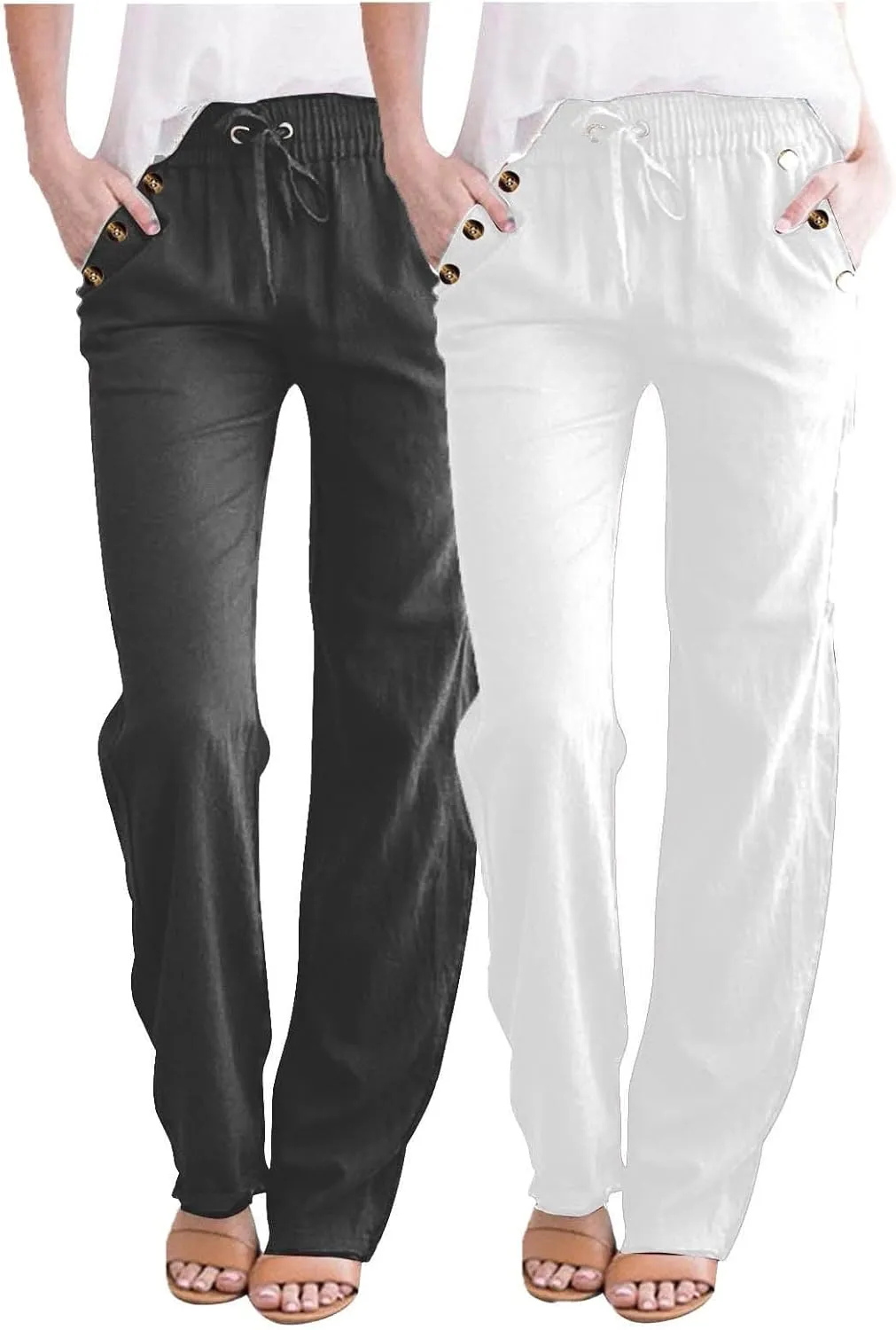 Lmdudan 2 Pc Linen Pants Women Cotton Linen Straight Leg Lightweight Pants 2025 Summer Beach Pants Women's Loose Fit Trousers
