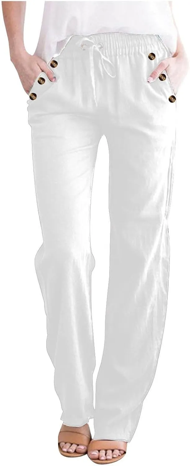 Lmdudan 2 Pc Linen Pants Women Cotton Linen Straight Leg Lightweight Pants 2025 Summer Beach Pants Women's Loose Fit Trousers