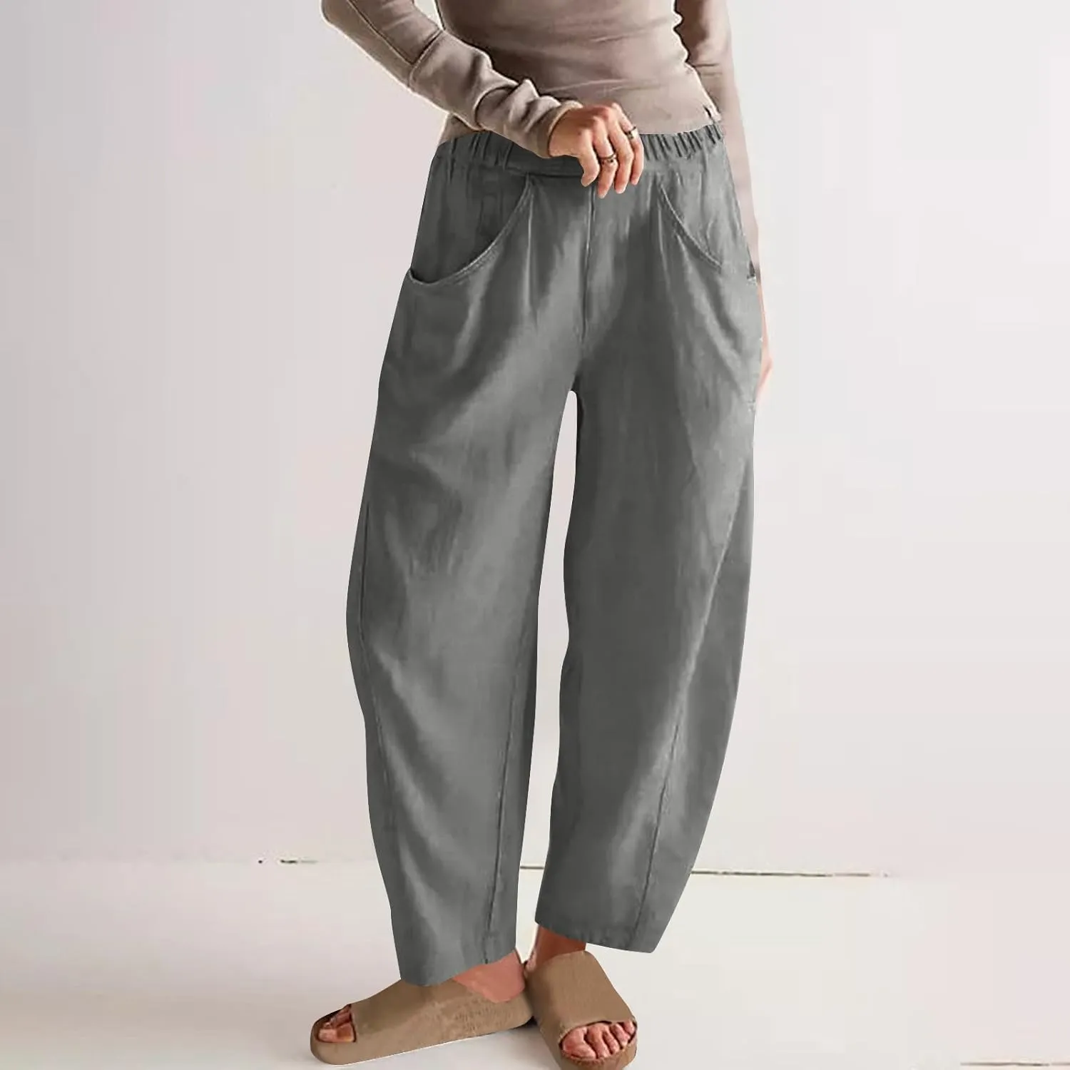 Lmdudan 2025 Summer Linen Capri Pants for Women Elastic Waist Tapered Cropped Pants Lightweight Crop Trousers with Pockets