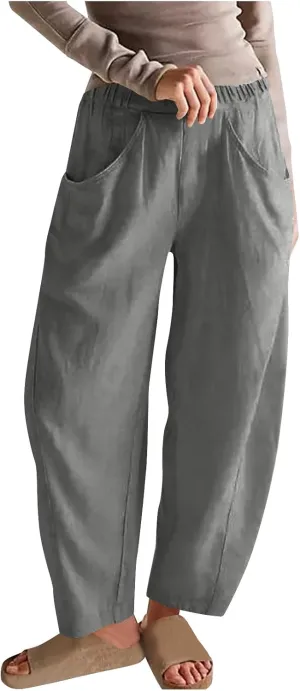Lmdudan 2025 Summer Linen Capri Pants for Women Elastic Waist Tapered Cropped Pants Lightweight Crop Trousers with Pockets