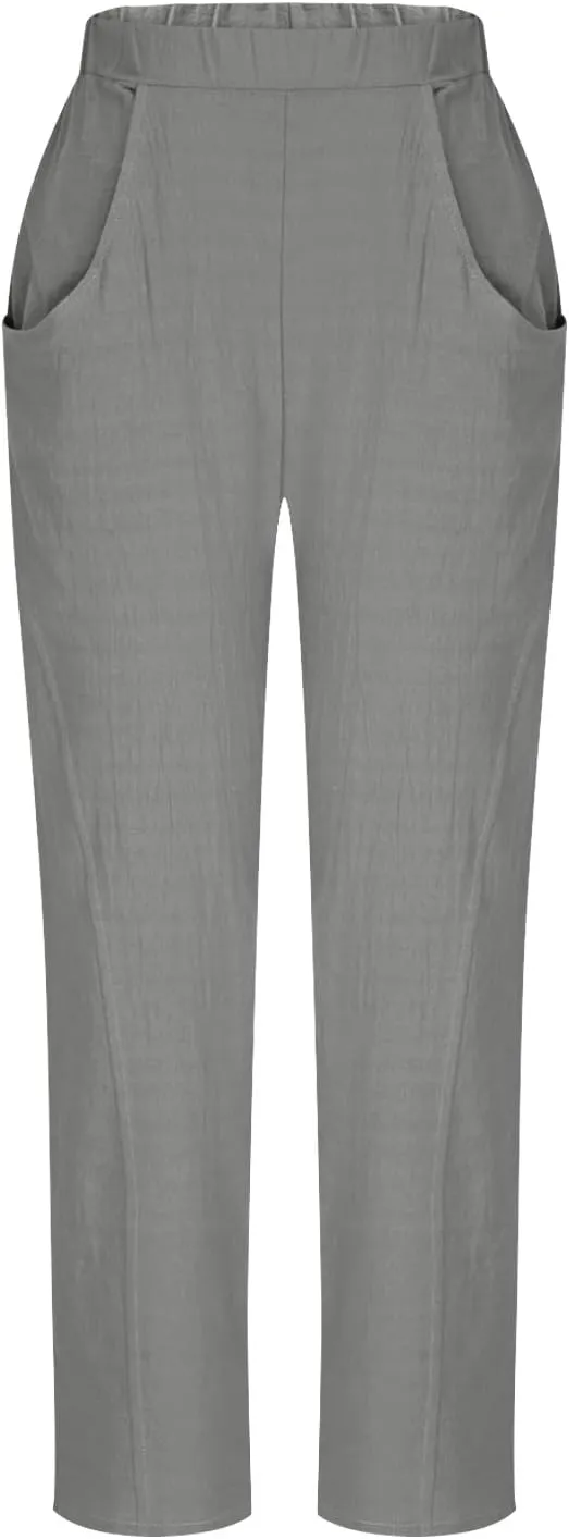 Lmdudan 2025 Summer Linen Capri Pants for Women Elastic Waist Tapered Cropped Pants Lightweight Crop Trousers with Pockets