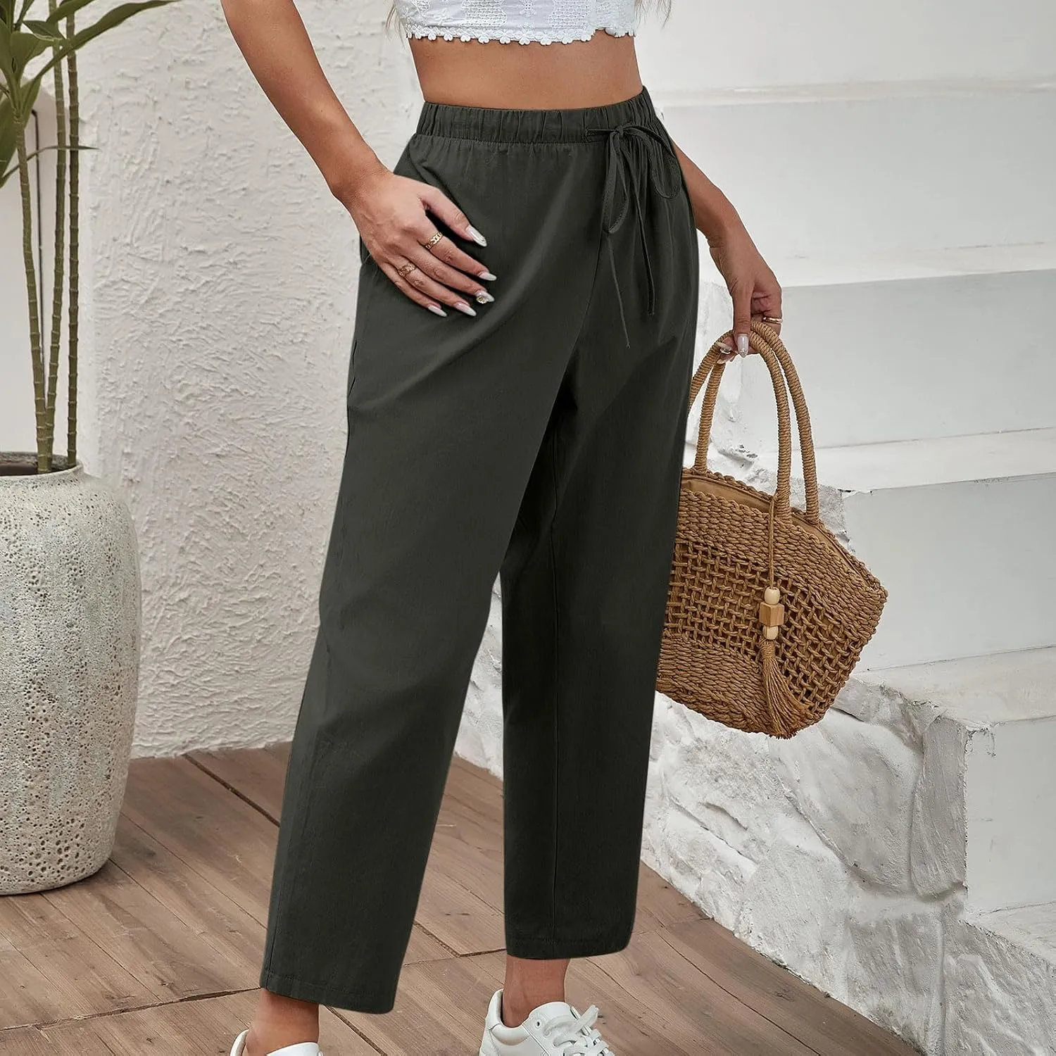 Lmdudan 2025 Women Casual Cotton Linen Pants Lightweight Summer Elastic Waist Beach Pants Plus Size Solid Lounge Long Trouser