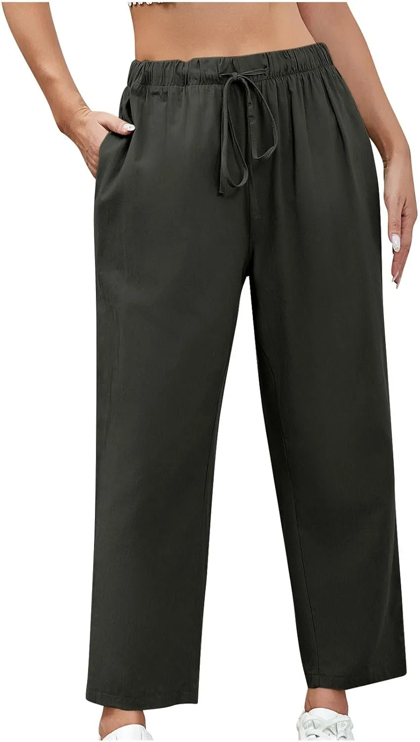 Lmdudan 2025 Women Casual Cotton Linen Pants Lightweight Summer Elastic Waist Beach Pants Plus Size Solid Lounge Long Trouser