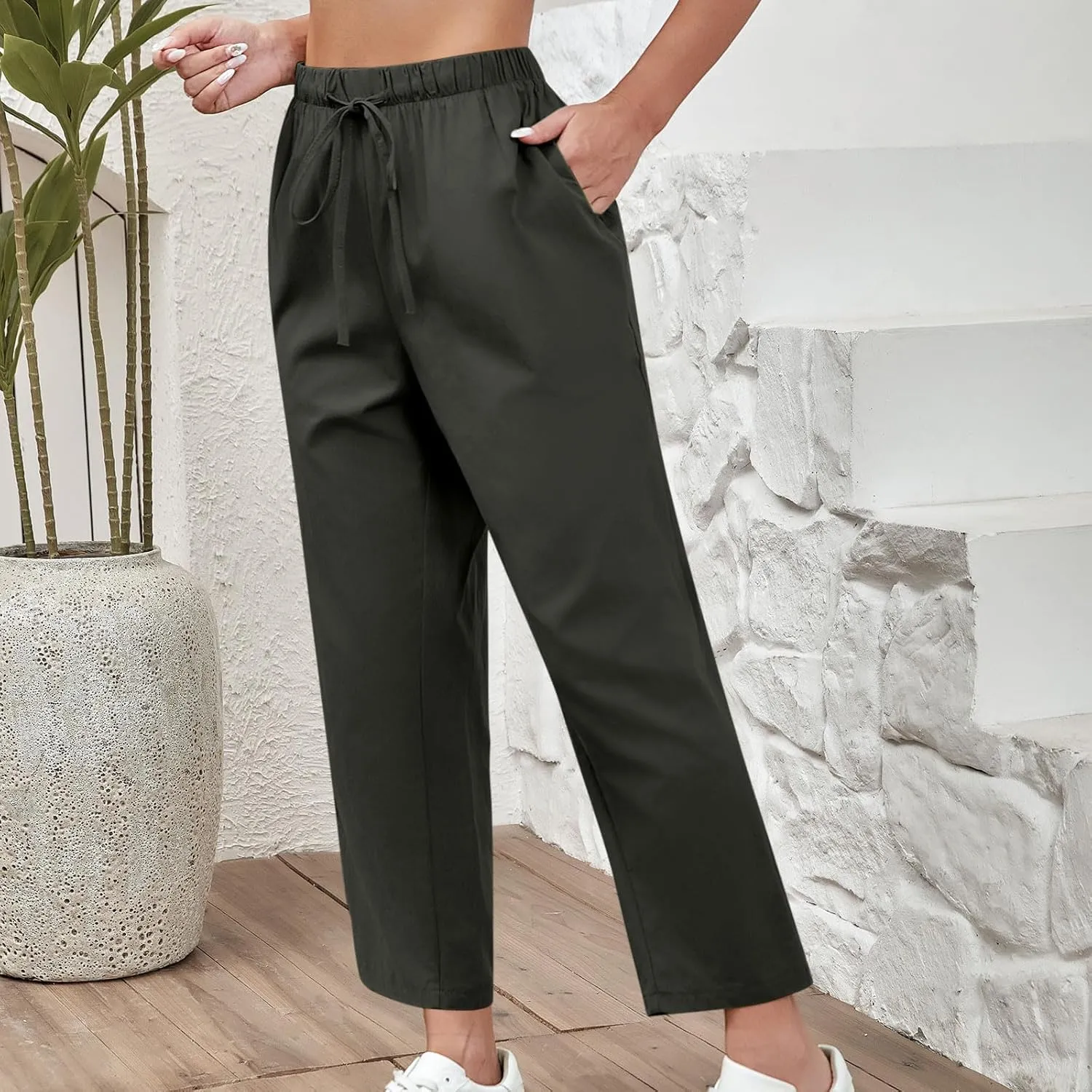 Lmdudan 2025 Women Casual Cotton Linen Pants Lightweight Summer Elastic Waist Beach Pants Plus Size Solid Lounge Long Trouser