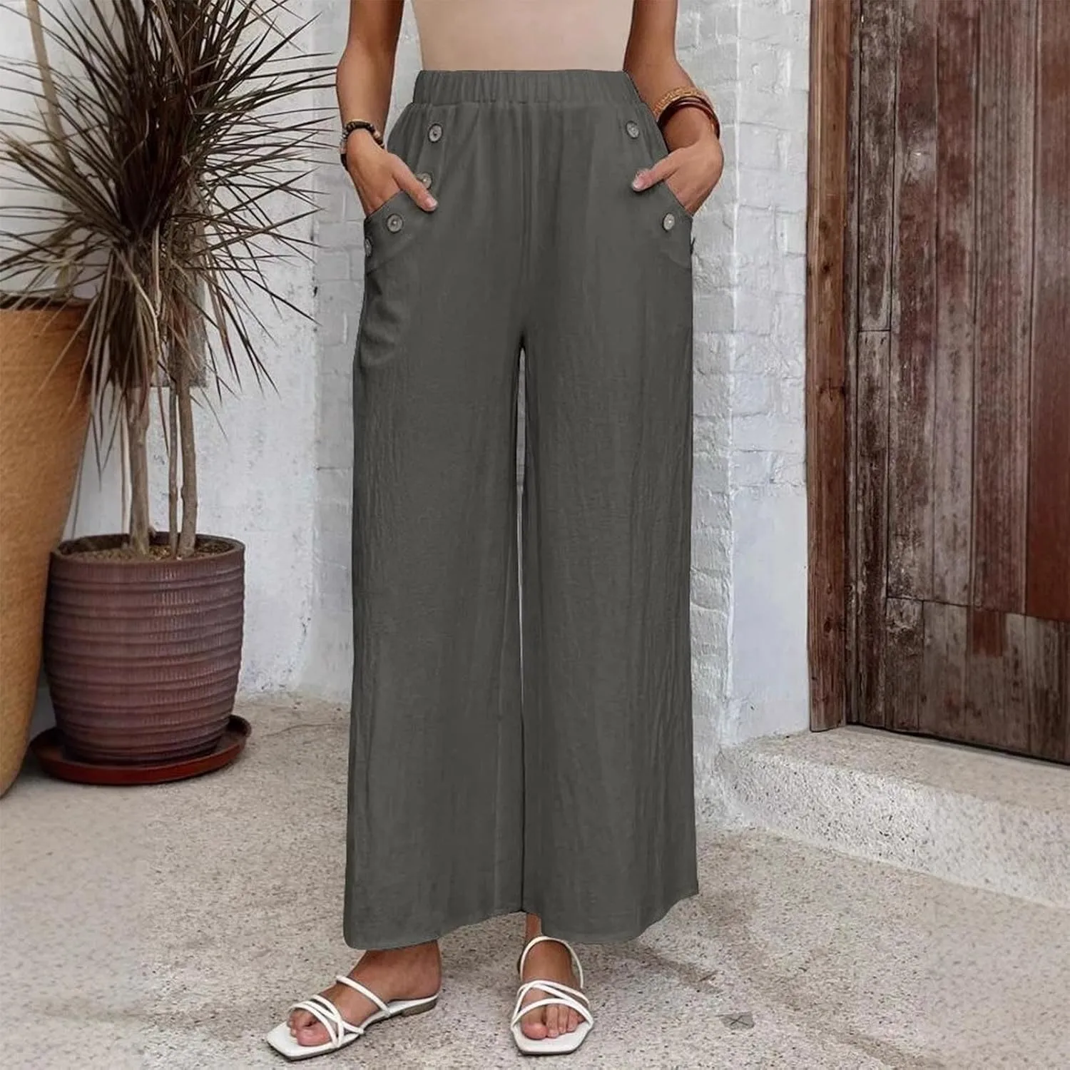 Lmdudan Cotton Linen Pants for Women 2025 Casual High Waist Wide Leg Palazzo Pants Summer Button Down Trousers with Pocket