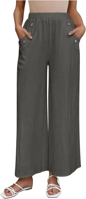 Lmdudan Cotton Linen Pants for Women 2025 Casual High Waist Wide Leg Palazzo Pants Summer Button Down Trousers with Pocket