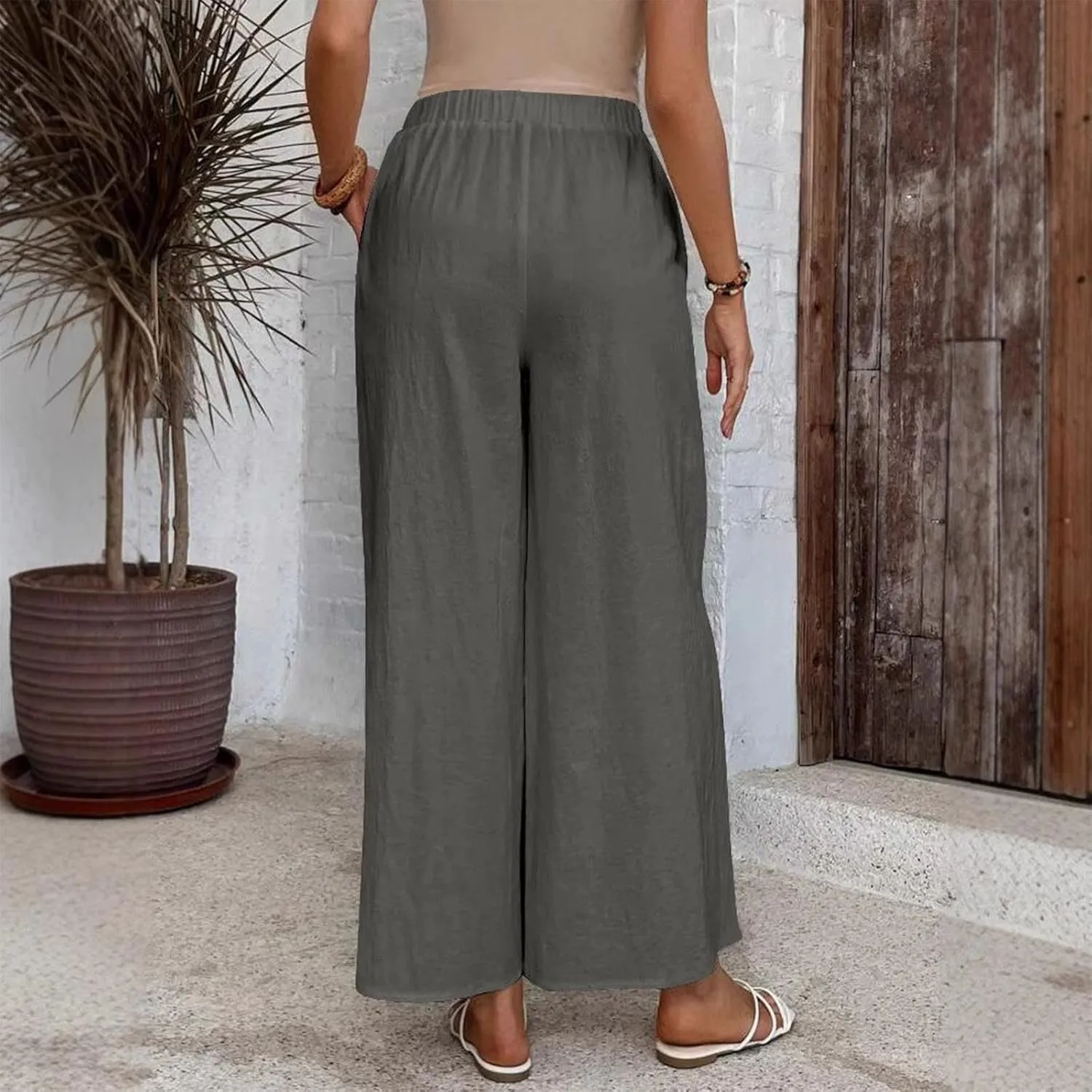 Lmdudan Cotton Linen Pants for Women 2025 Casual High Waist Wide Leg Palazzo Pants Summer Button Down Trousers with Pocket