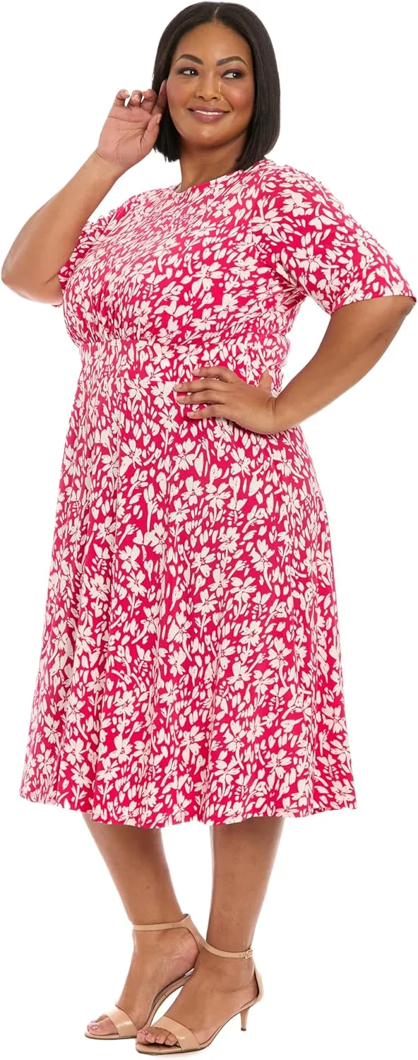 London Times Women's Inset Waist Midi Short Sleeve
