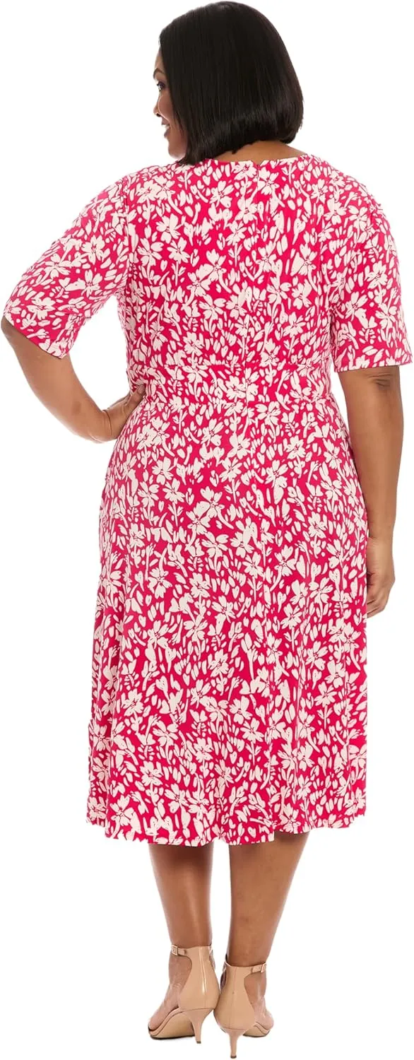 London Times Women's Inset Waist Midi Short Sleeve