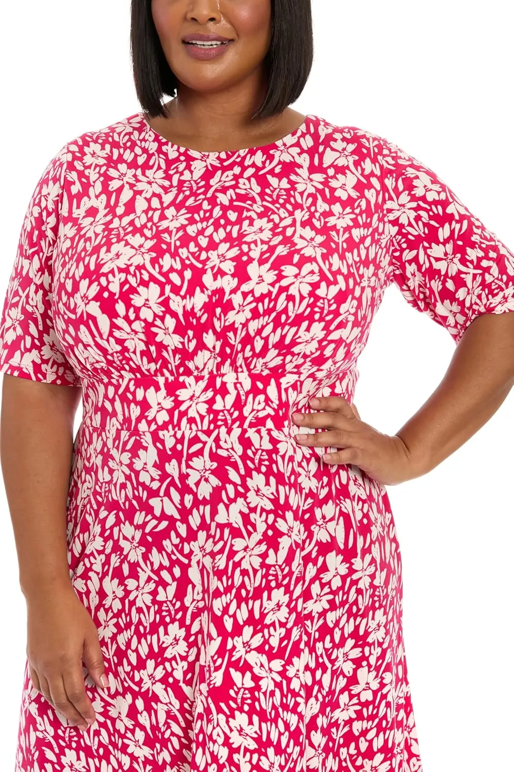 London Times Women's Inset Waist Midi Short Sleeve