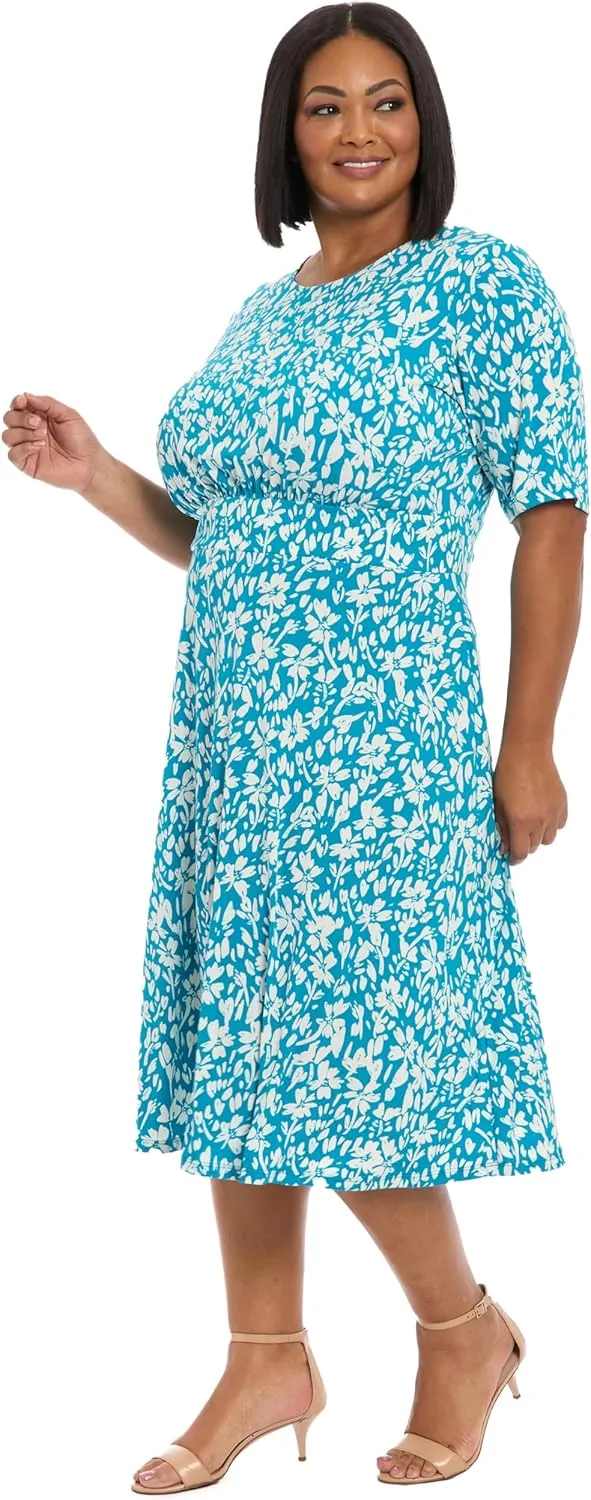 London Times Women's Inset Waist Midi Short Sleeve
