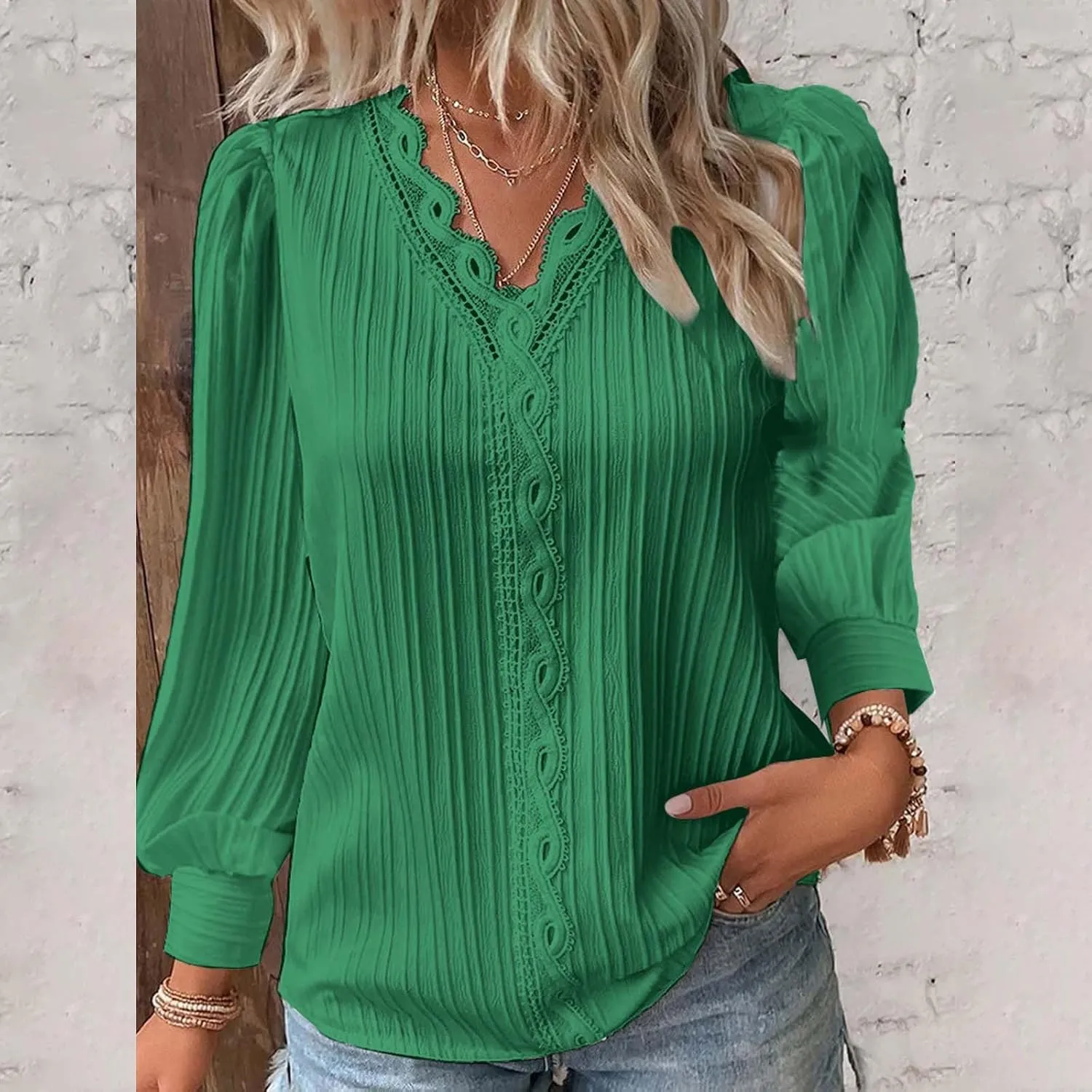 Long Sleeve Shirts for Women 2024 V Neck Lace Tops Business Casual Dressy Blouses Work Oversized Shirts Fall Clothes