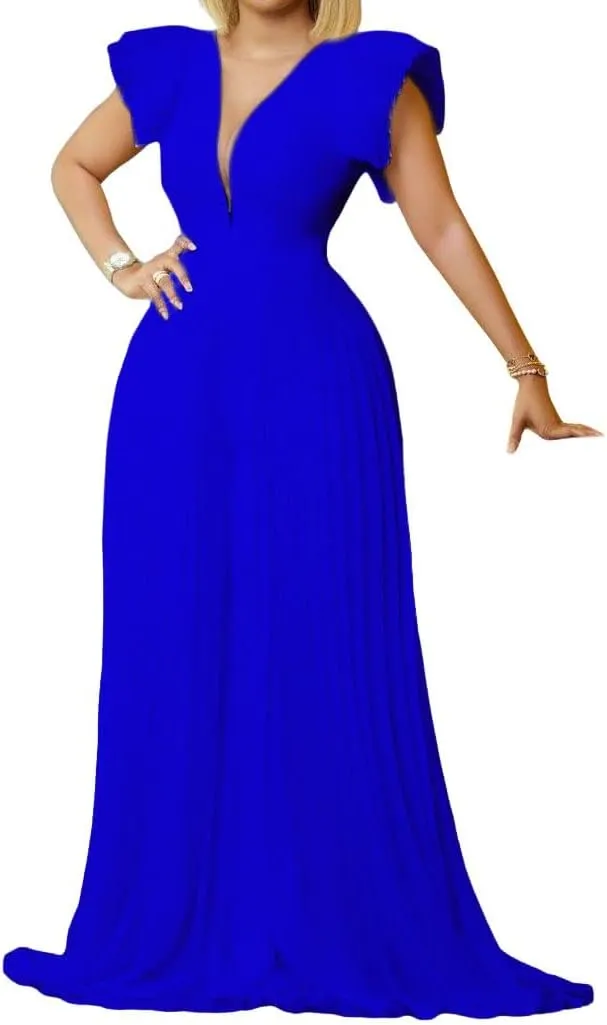 loveimgs Women's Summer Ruffle Short Sleeve Dressy Wide Leg Jumpsuit Pleated Long Pants Rompers