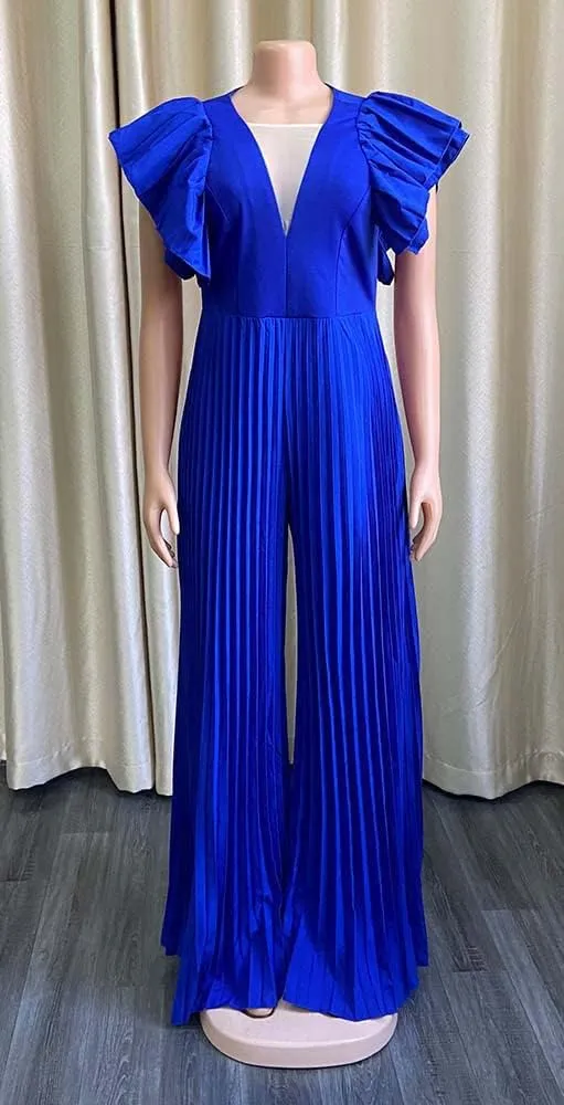 loveimgs Women's Summer Ruffle Short Sleeve Dressy Wide Leg Jumpsuit Pleated Long Pants Rompers