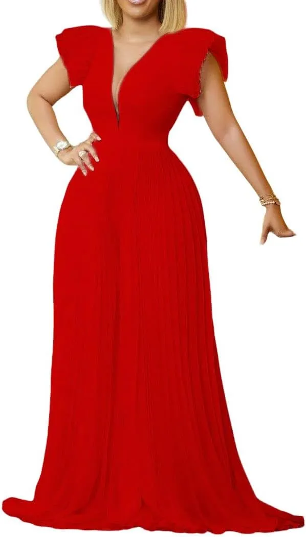 loveimgs Women's Summer Ruffle Short Sleeve Dressy Wide Leg Jumpsuit Pleated Long Pants Rompers