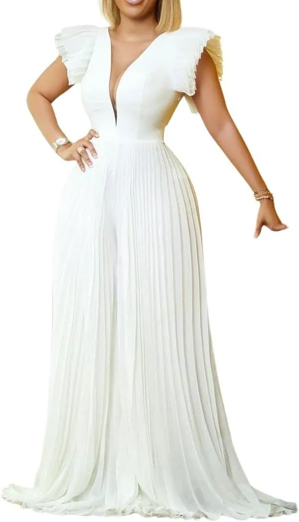 loveimgs Women's Summer Ruffle Short Sleeve Dressy Wide Leg Jumpsuit Pleated Long Pants Rompers
